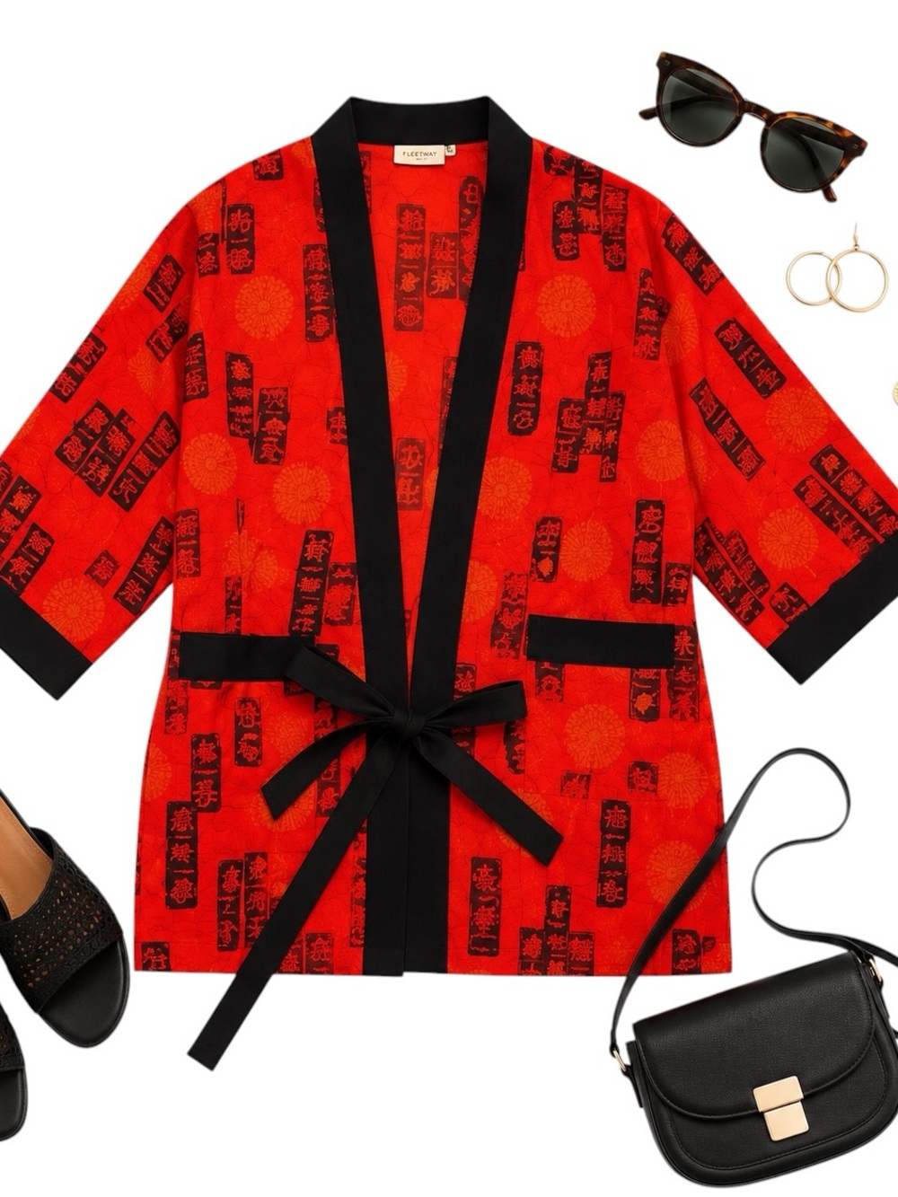 Fleetway Vintage Kimono Jacket Red Black Belted Cotton Asian Print Women Size 8